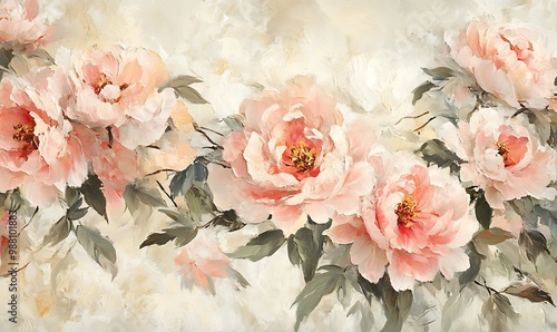 Fototapeta Naklejka Na Ścianę i Meble -  Soft Oil Paint of Pink and Coral Peonies with Rich Brushstrokes on Cream Background