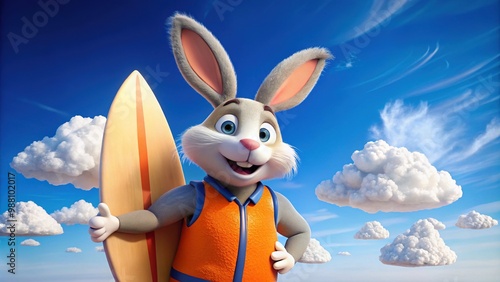 A cartoon rabbit sports a neon orange vest, grasps a surfboard, and beams an airhead grin beneath a brilliant blue sky with puffy clouds. photo