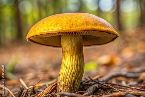 A close-up shot of a Suillus luteus mushroom's cap, its golden-yellow surface surrounded by a darker brown annular zone on a faded brown background.