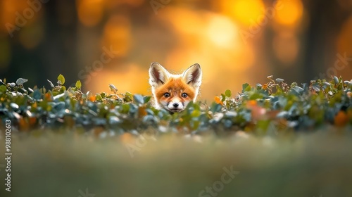 A curious fox peeks over a hedge in a warm, autumnal setting. photo