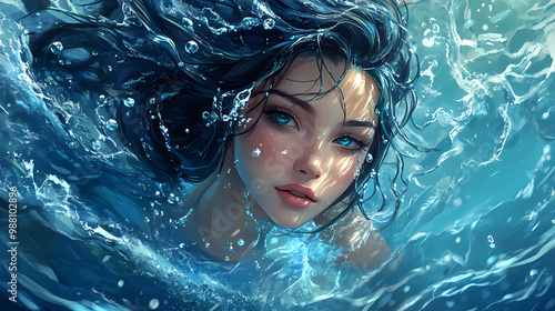 Mythical siren princess swimming and splashing her hair in the blue ocean water waves, pure bliss and enjoyment in the sea - fantasy role playing female portrait. Siren. Illustration