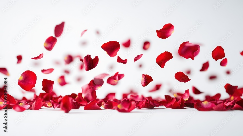 A scattering of vibrant red rose petals against a clean white background. A scattering of vibrant red rose petals against a clean white background.