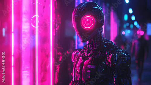 Neon illumination of robotic uprising fueled by misappropriation and lack of transparency. Robot Uprising. Illustration photo