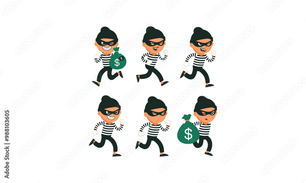 Cartoon robbers with money bags and guns vector set. Cartoon robbers with money bags and guns vector set.
