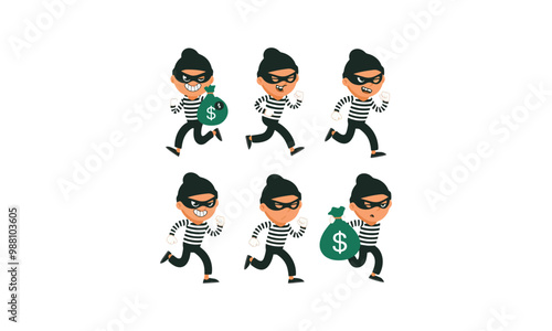 Cartoon robbers with money bags and guns vector set.