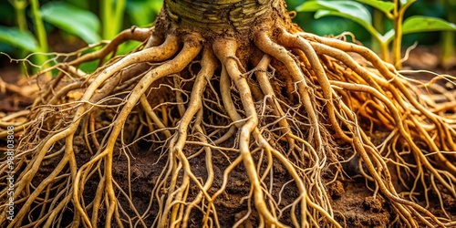 A dense, fibrous root system exhibits thin, parallel veins on its smooth, brown surface, a distinctive feature of monocot plants.