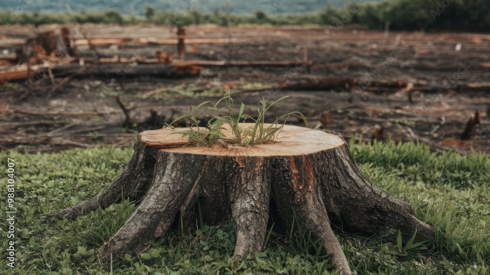 Effects of deforestation highlighted by tree stump on green grass with a message to protect nature Effects of deforestation highlighted by tree stump on green grass with a message to protect nature