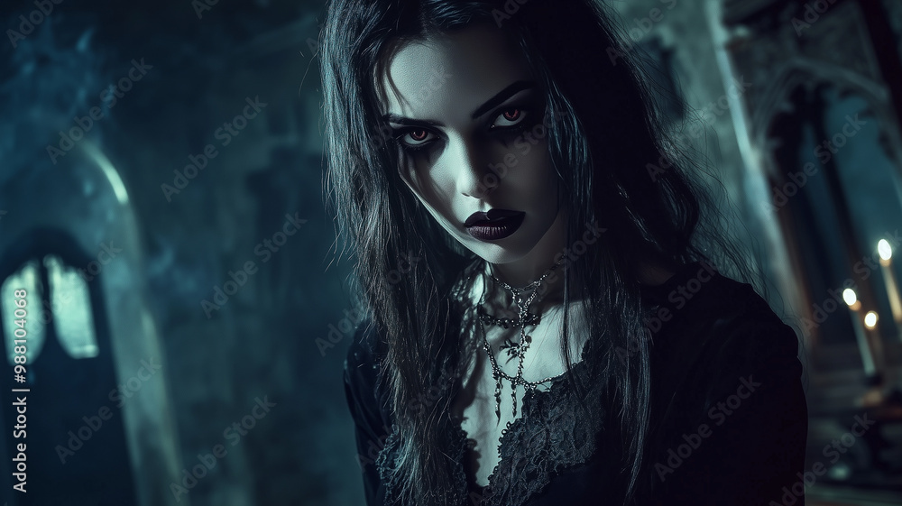mysterious woman with sharp fangs and piercing eyes stands in dimly lit gothic setting, exuding eerie and captivating aura. Her dark attire and intense gaze create haunting atmosphere mysterious woman with sharp fangs and piercing eyes stands in dimly lit gothic setting, exuding eerie and captivating aura. Her dark attire and intense gaze create haunting atmosphere