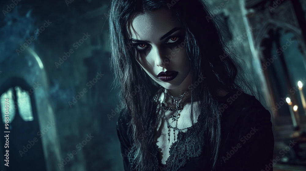 mysterious woman with sharp fangs and piercing eyes exudes eerie allure in dark, gothic setting. Her striking features and dark attire create captivating, haunting atmosphere mysterious woman with sharp fangs and piercing eyes exudes eerie allure in dark, gothic setting. Her striking features and dark attire create captivating, haunting atmosphere