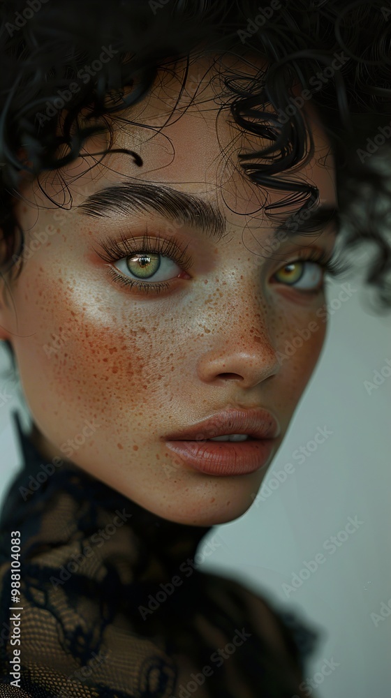 Intriguing Portrait of a Woman with Green Eyes and Freckles Intriguing Portrait of a Woman with Green Eyes and Freckles
