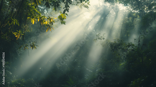 Wallpaper Mural serene rainforest scene with mist rising from lush canopy, illuminated by soft rays of sunlight filtering through trees. atmosphere is tranquil and enchanting, inviting exploration Torontodigital.ca