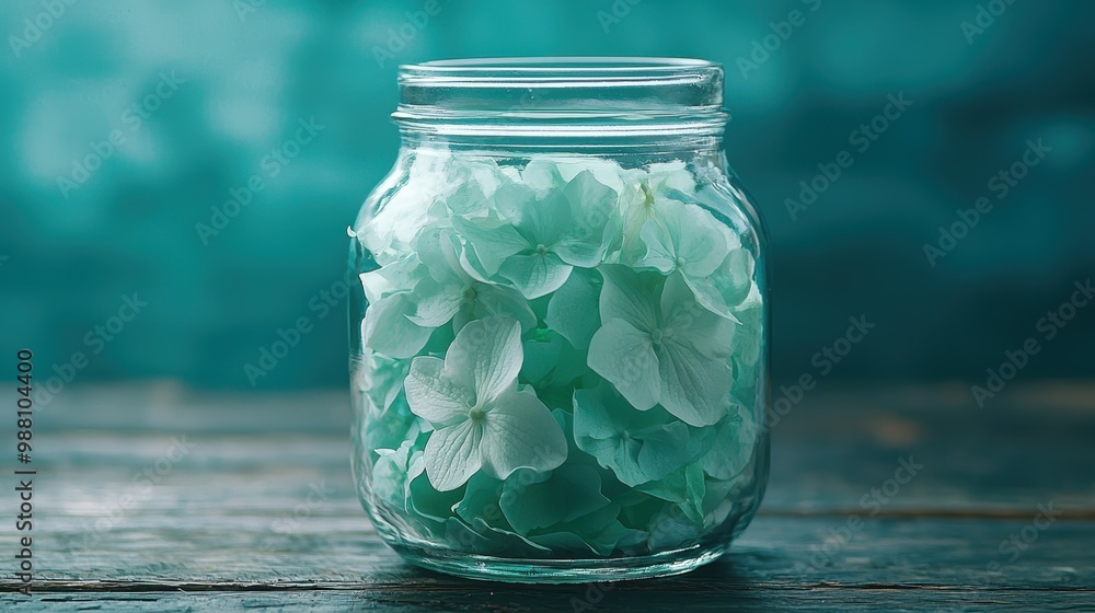 Preserved hydrangea flowers in glass jar Preserved hydrangea flowers in glass jar