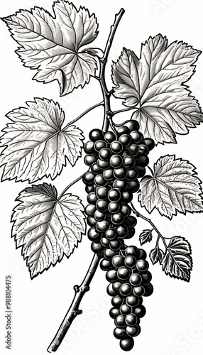 Obraz na płótnie white grapes clip engraving little background illustration art antique bird black white olated twig tree branch grape wine illustration hand white vine design background drawn drawing leaf art food w salonie