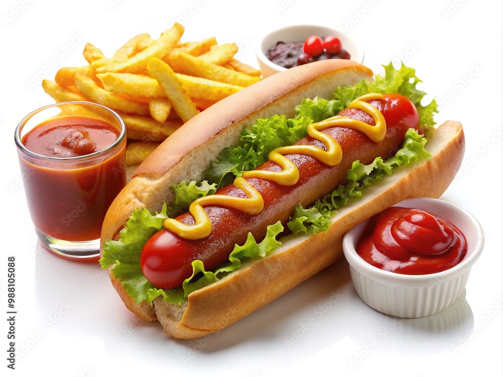 A juicy hot dog sizzled on a bun, topped with creamy condiments, served with crispy fries and a refreshing side on a clean white plate. A juicy hot dog sizzled on a bun, topped with creamy condiments, served with crispy fries and a refreshing side on a clean white plate.