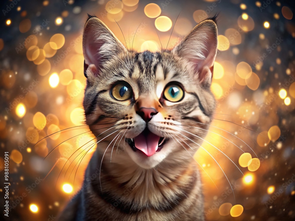 A jubilant kitty's exuberant yelp is frozen in a delighted pose, tongue dangling and eyes aglow, amidst intricate patterns and warm, gentle light. A jubilant kitty's exuberant yelp is frozen in a delighted pose, tongue dangling and eyes aglow, amidst intricate patterns and warm, gentle light.