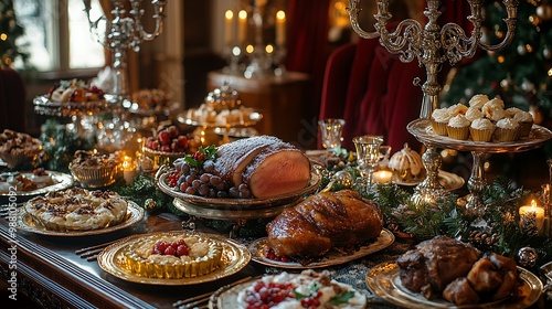 Elegant Victorian Christmas dinner with a richly decorated table, silver candelabras, gold-rimmed china, roasted meats, and vintage holiday desserts, surrounded by velvet drapes and antique furniture,