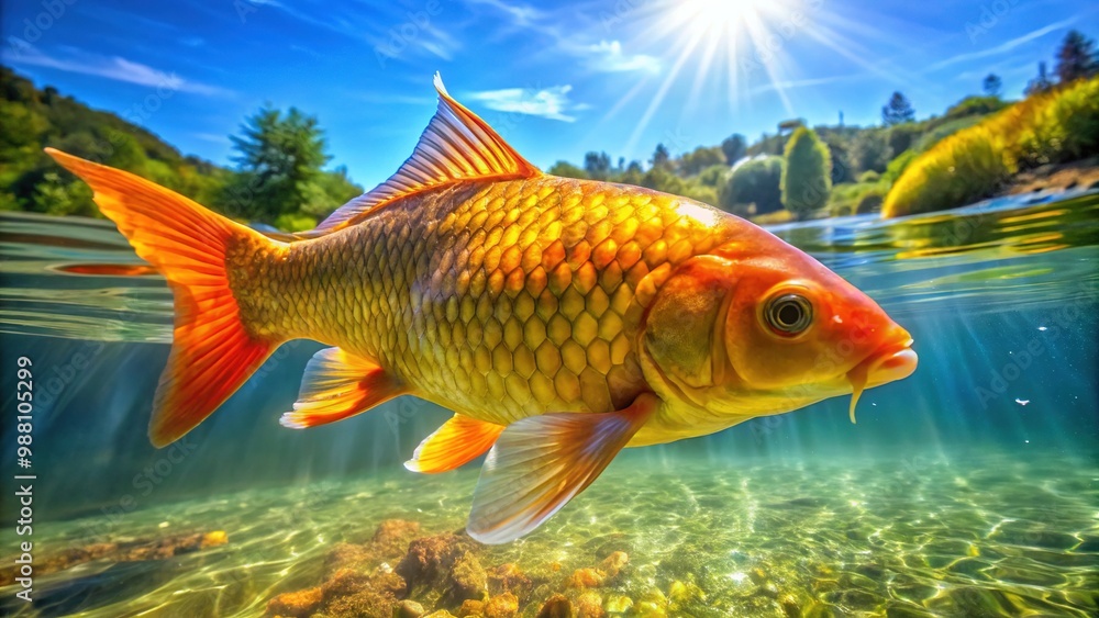 Naklejka premium A large, vibrant orange-and-yellow carp glides effortlessly through sunlit waters, its striking head and tail fins creating a soothing, undulating pattern on the surface.