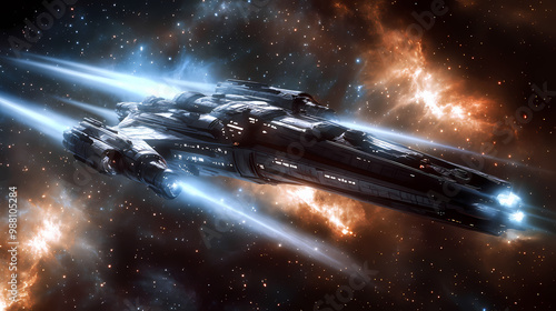 Fototapeta Naklejka Na Ścianę i Meble -  Imperial spaceship cruising at light speed across the galaxy, featuring science fiction and star wars-inspired technology. Galactic War. Illustration