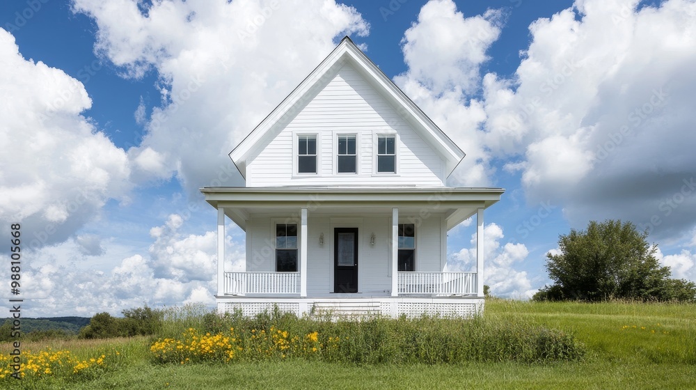 A picturesque white farmhouse with a large front porch, nestled in a lush green field against a backdrop of blue sky and fluffy clouds. A picturesque white farmhouse with a large front porch, nestled in a lush green field against a backdrop of blue sky and fluffy clouds.