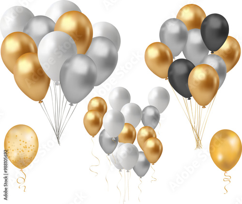 Set of silver, gold and white balloons isolated on transparent background. Vector illustration