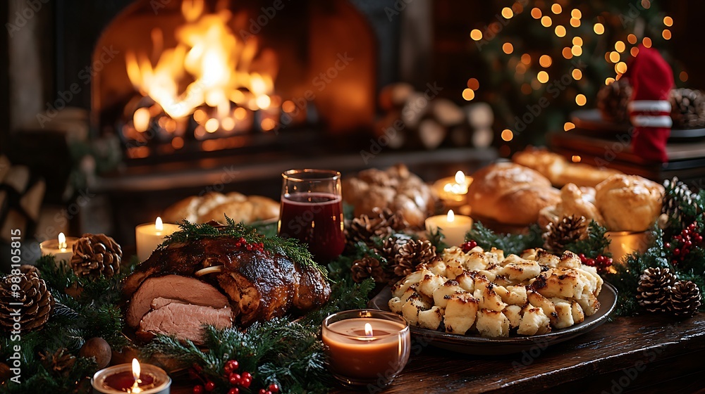 Fireplace Christmas Eve dinner with roasted meats, warm bread, and hearty soups, served on a rustic table near a crackling fire, soft candlelight and holiday greenery creating a cozy, warm ambiance, Fireplace Christmas Eve dinner with roasted meats, warm bread, and hearty soups, served on a rustic table near a crackling fire, soft candlelight and holiday greenery creating a cozy, warm ambiance,