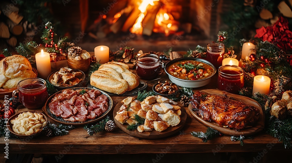 Fireplace-lit Christmas Eve feast with roasted meats, soups, and warm bread laid out on a rustic wooden table, surrounded by soft glowing candles, mulled wine, and holiday décor, Fireplace-lit Christmas Eve feast with roasted meats, soups, and warm bread laid out on a rustic wooden table, surrounded by soft glowing candles, mulled wine, and holiday décor,