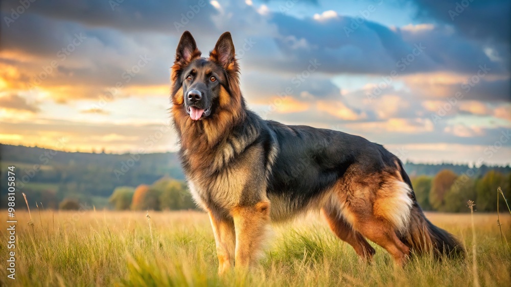 A majestic Black and Tan German Shepherd stands tall in a lush green meadow, its long fur rustling softly in the breeze. A majestic Black and Tan German Shepherd stands tall in a lush green meadow, its long fur rustling softly in the breeze.