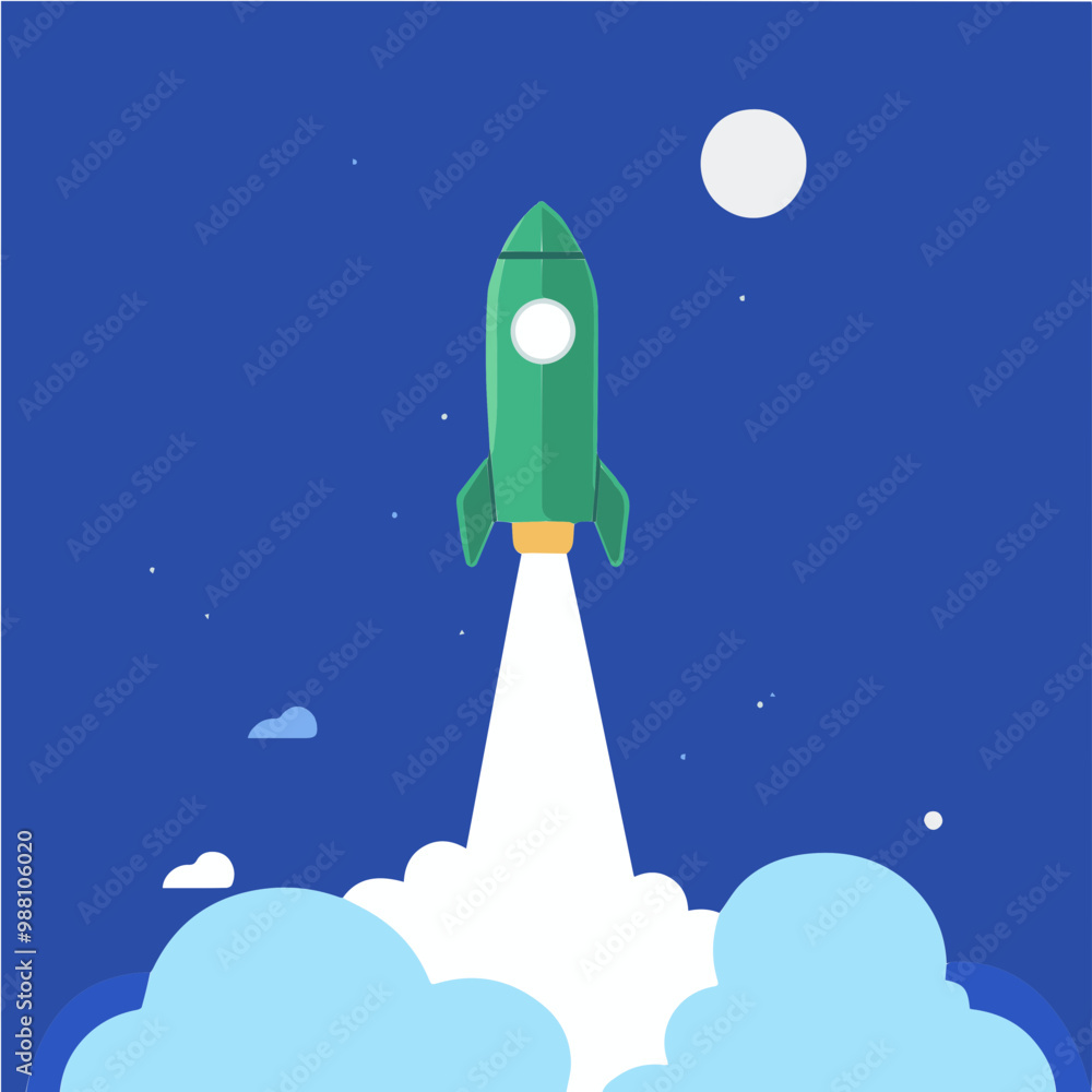 Flat vector illustration of a green rocket launching into space. Perfect for technology, space exploration, and startup-related designs. Flat vector illustration of a green rocket launching into space. Perfect for technology, space exploration, and startup-related designs.
