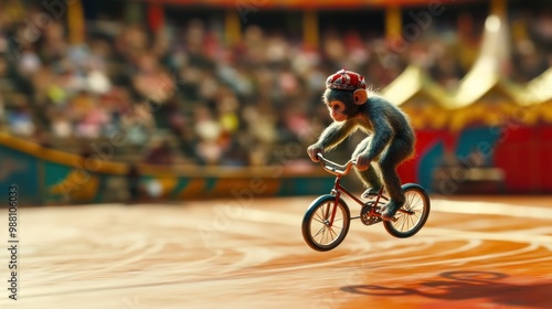 A monkey performs tricks on a bicycle in a circus setting, entertaining a vibrant audience. photo