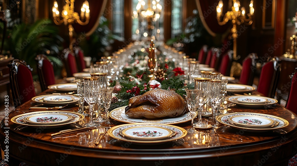 Grand Victorian Christmas feast, featuring a table set with ornate candelabras, gold-rimmed plates, velvet drapes, and a menu of roasted goose and traditional holiday desserts, Grand Victorian Christmas feast, featuring a table set with ornate candelabras, gold-rimmed plates, velvet drapes, and a menu of roasted goose and traditional holiday desserts,