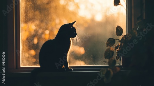 A silhouette of a cat sitting on a windowsill, illuminated by warm sunset light.