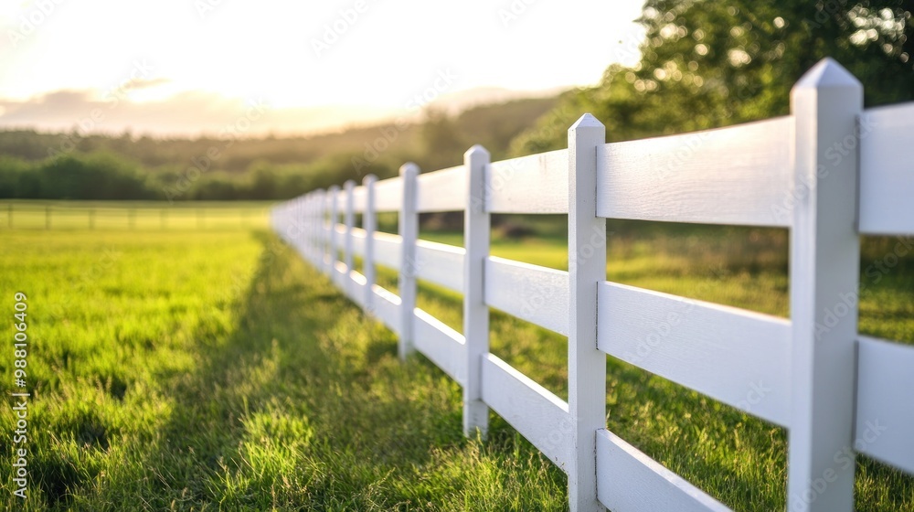 A close-up view of a white fence stretching across a green field under a sunset sky. A close-up view of a white fence stretching across a green field under a sunset sky.