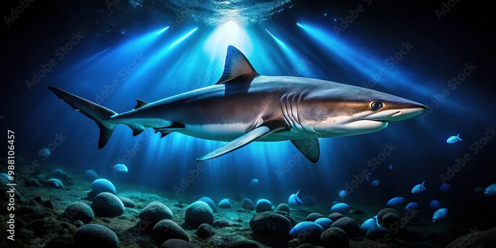Fototapeta premium A majestic deep-sea shark glides through darkness, bioluminescent markings aglow under faint glow of distant underwater geysers.