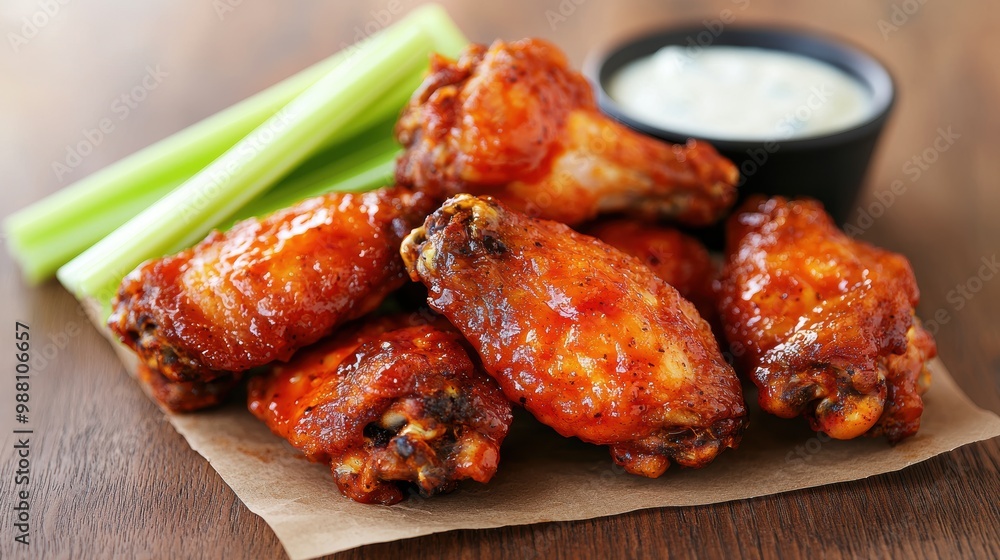 Delicious spicy chicken wings with celery sticks and dipping sauce Delicious spicy chicken wings with celery sticks and dipping sauce