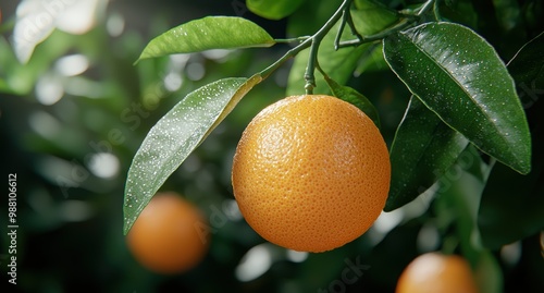 Ripe orange hanging on tree branch with green leaves