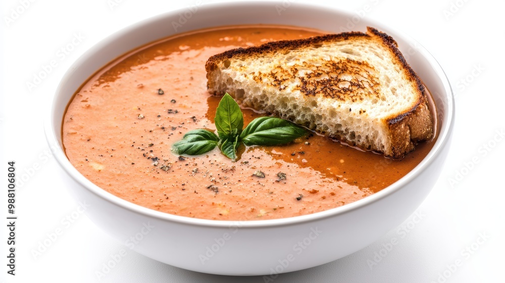 Delicious tomato soup with toasted bread and fresh basil Delicious tomato soup with toasted bread and fresh basil