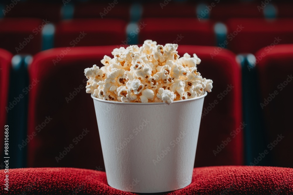 Delicious popcorn in a paper cup on a red theater seat Delicious popcorn in a paper cup on a red theater seat