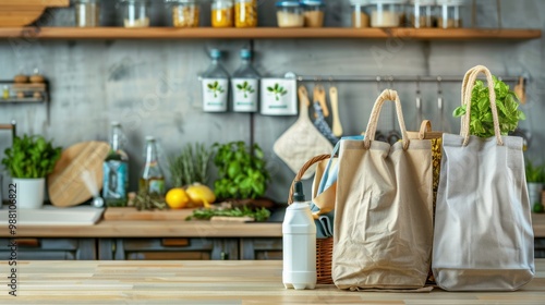 reusable shopping bags and eco-friendly products arranged on a wooden kitchen table.