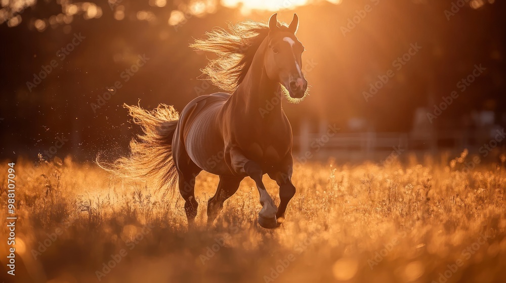 A horse gallops through a sunlit field, capturing the beauty of nature and freedom. A horse gallops through a sunlit field, capturing the beauty of nature and freedom.