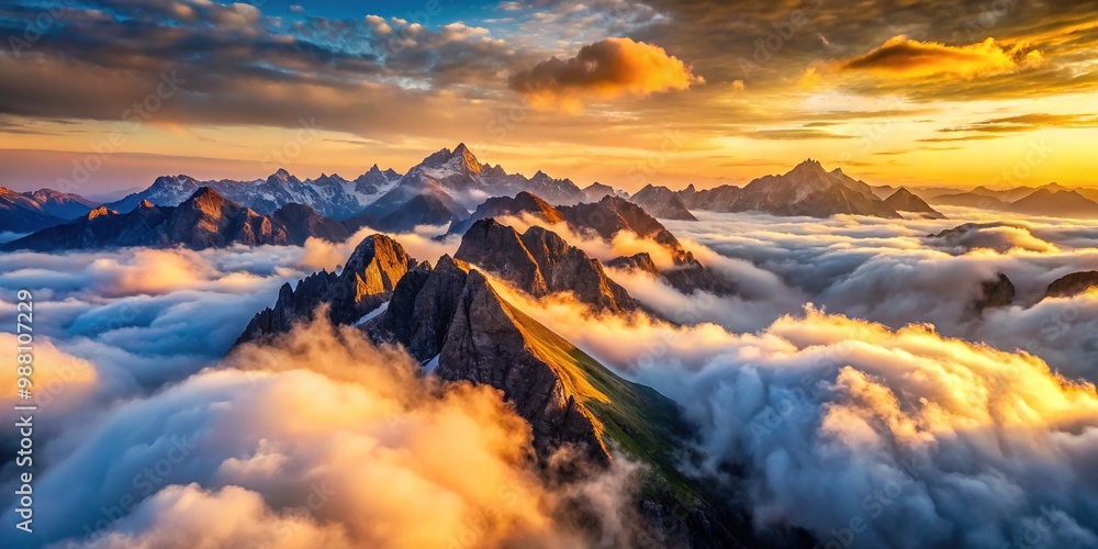 A majestic mountain range stretches skyward, bathed in warm light, wispy clouds and mist swirling around rugged peaks in a serene and breathtaking vista. A majestic mountain range stretches skyward, bathed in warm light, wispy clouds and mist swirling around rugged peaks in a serene and breathtaking vista.