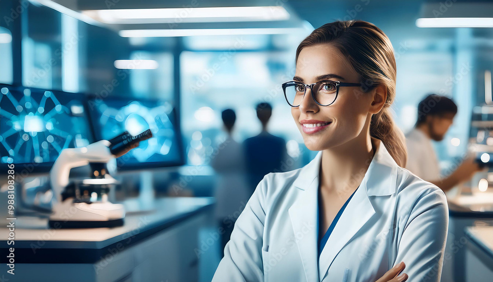 A beautiful young woman scientist wearing white coat and glasses in modern Medical Science Laboratory A beautiful young woman scientist wearing white coat and glasses in modern Medical Science Laboratory
