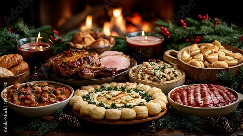 Rustic Christmas Eve dinner with a crackling fireplace, hearty dishes like roasted meats and soups, warm bread on the table, mulled wine, and hot chocolate, with soft candlelight and holiday greenery,