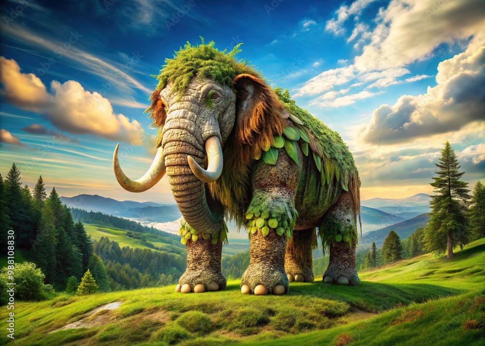 Fototapeta premium A powerful giant roams freely in a serene landscape, its distinctive patchwork coat and gentle eyes radiating a calm aura.