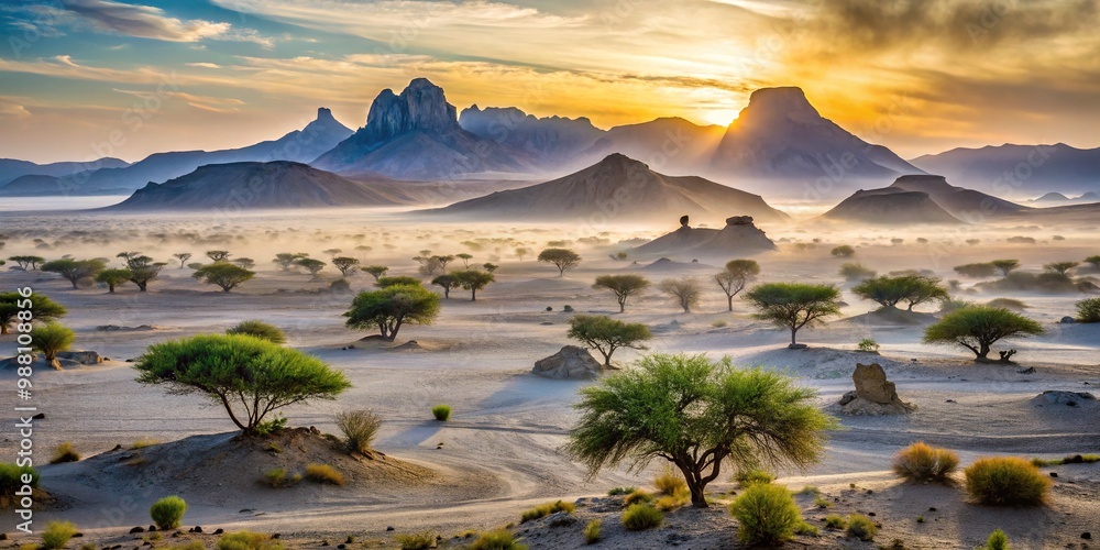 Φωτογραφία A pre-dawn Balochistan landscape unfolds, with arid desert stretching out to sparse trees and rocky outcrops, misty mountains rising majestically in the distance