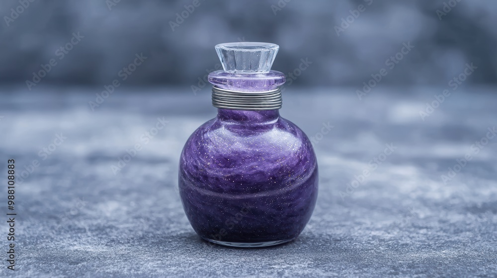 Sparkling purple glass bottle on a gray background Sparkling purple glass bottle on a gray background