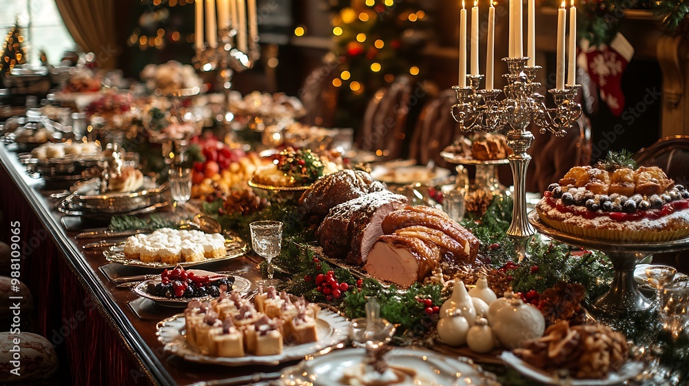 Traditional Victorian Christmas dinner setup, with a long dining table covered in fine linens, silver candelabras, roasted meats, and puddings, surrounded by plush velvet drapes, gold accents, Traditional Victorian Christmas dinner setup, with a long dining table covered in fine linens, silver candelabras, roasted meats, and puddings, surrounded by plush velvet drapes, gold accents,