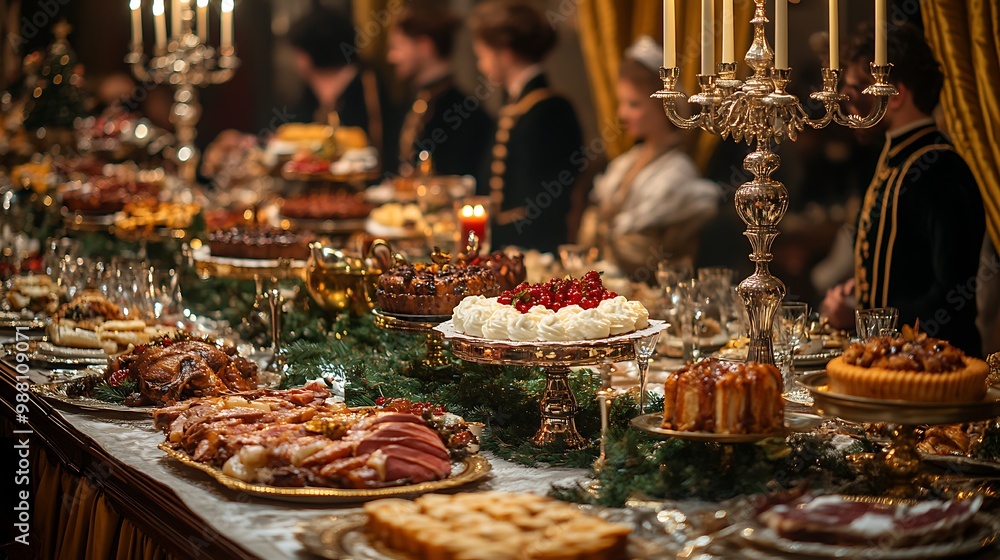 Traditional Victorian Christmas dinner setup, with a long dining table covered in fine linens, silver candelabras, roasted meats, and puddings, surrounded by plush velvet drapes, gold accents, Traditional Victorian Christmas dinner setup, with a long dining table covered in fine linens, silver candelabras, roasted meats, and puddings, surrounded by plush velvet drapes, gold accents,