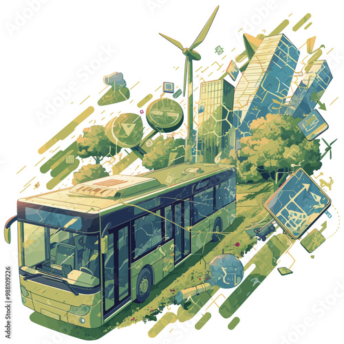 Green city with a bus and windmills. Vector illustration.