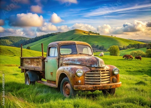 A rusty old farm truck with a faded cow emblem on the door is parked in a rural field surrounded by rolling hills and verdant pastureland. photo