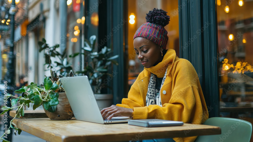 A person working remotely at a cafe, relaxed but focused on their laptop, enjoying the flexibility of their job A person working remotely at a cafe, relaxed but focused on their laptop, enjoying the flexibility of their job